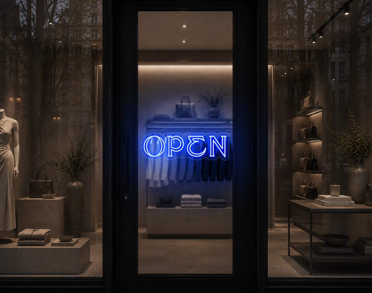 Elegant Serif Open LED Neon Sign - Baby Blue