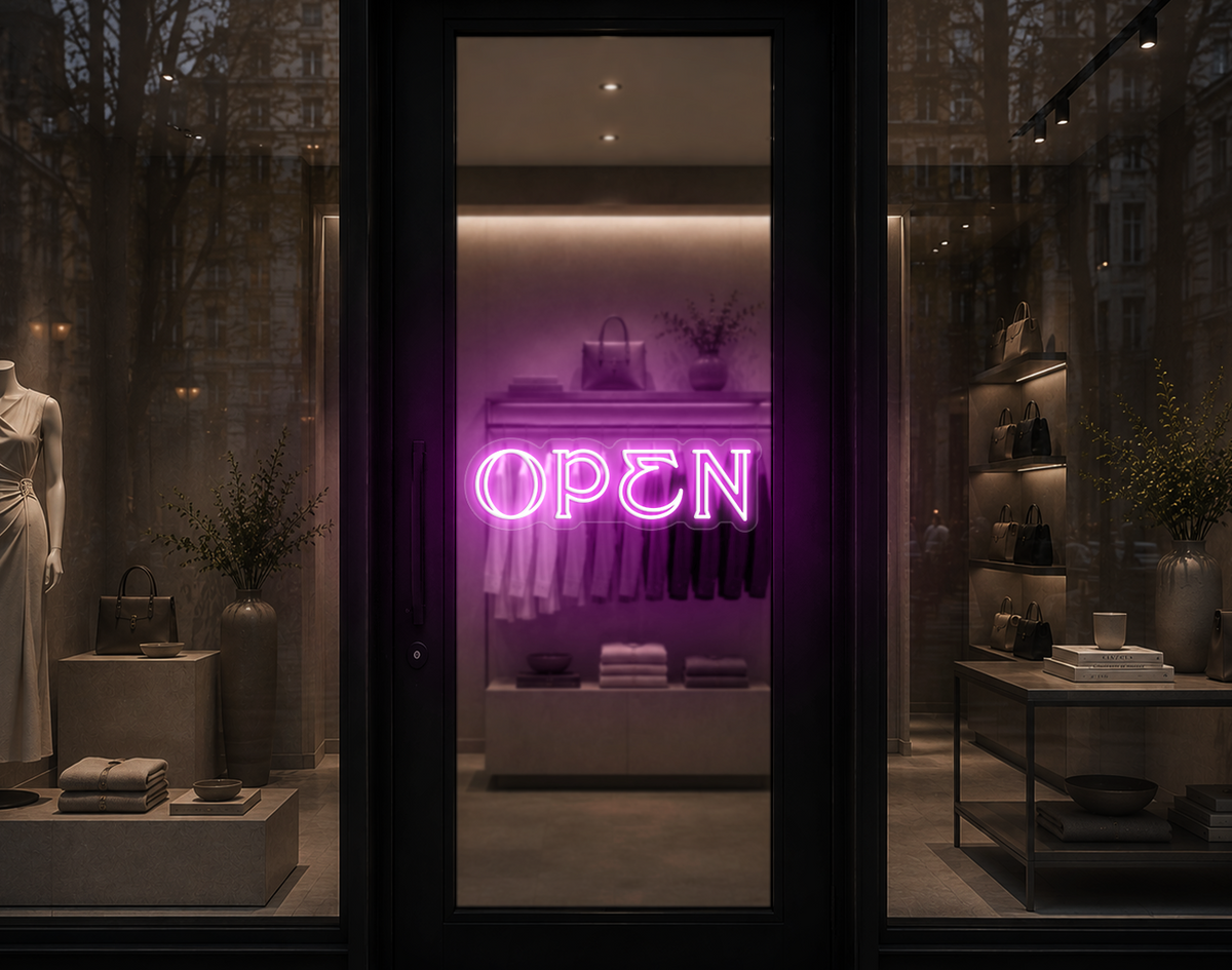 Elegant Serif Open LED Neon Sign - Bubblegum Pink