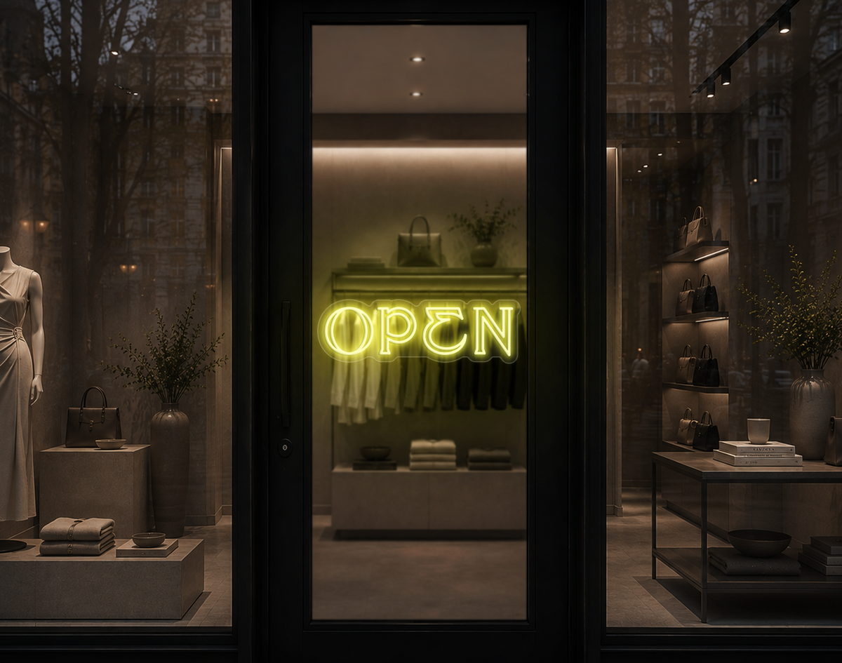 Elegant Serif Open LED Neon Sign - Buttercup Yellow