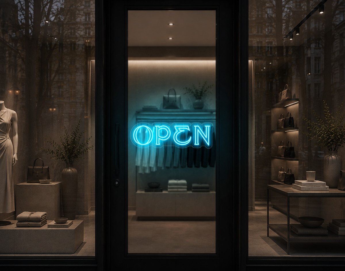 Elegant Serif Open LED Neon Sign - Ice Blue