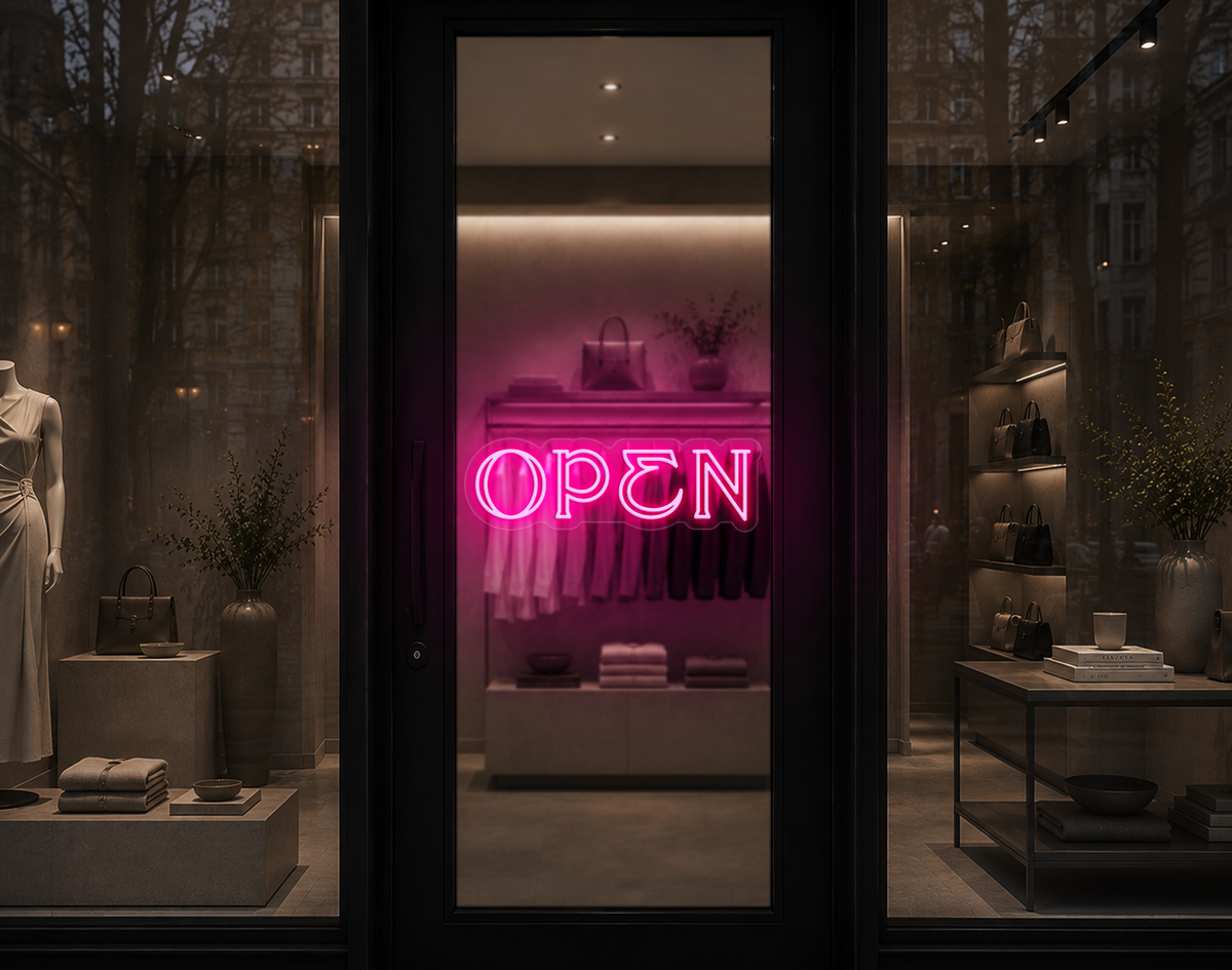 Elegant Serif Open LED Neon Sign - Light Pink