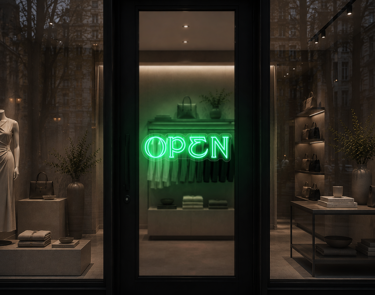 Elegant Serif Open LED Neon Sign - Mint Green
