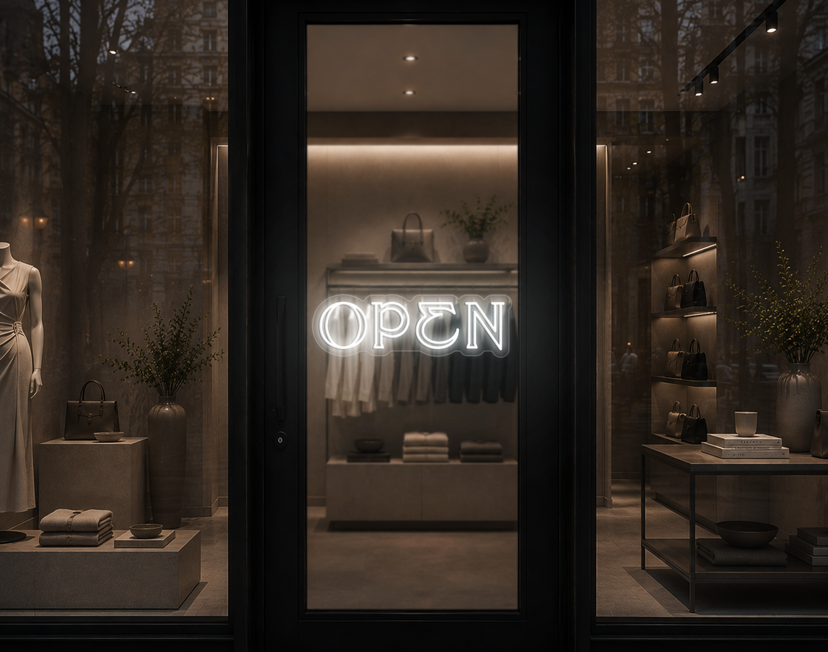 Elegant Serif Open LED Neon Sign - White