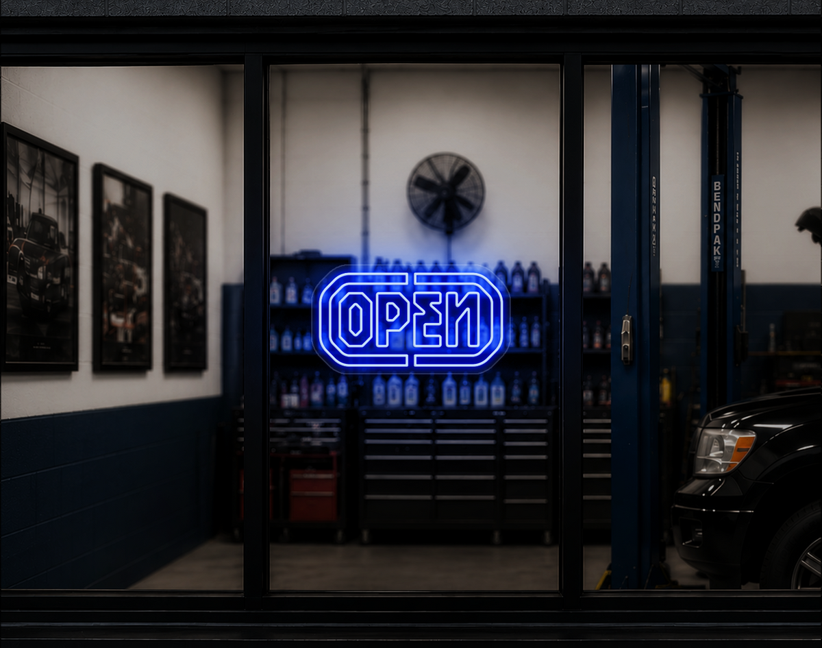Industrial Badge Open LED Neon Sign - Baby Blue