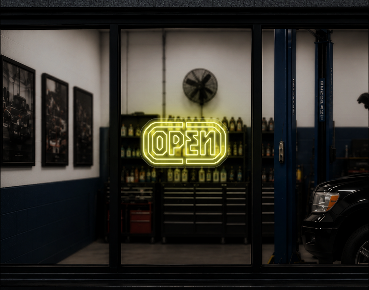 Industrial Badge Open LED Neon Sign - Buttercup Yellow