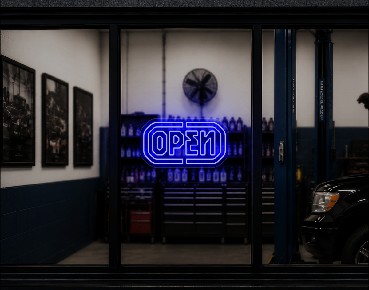 Industrial Badge Open LED Neon Sign - Dark Blue