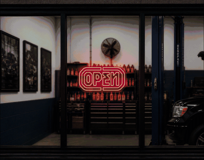 Industrial Badge Open LED Neon Sign - Full Colour Spectrum