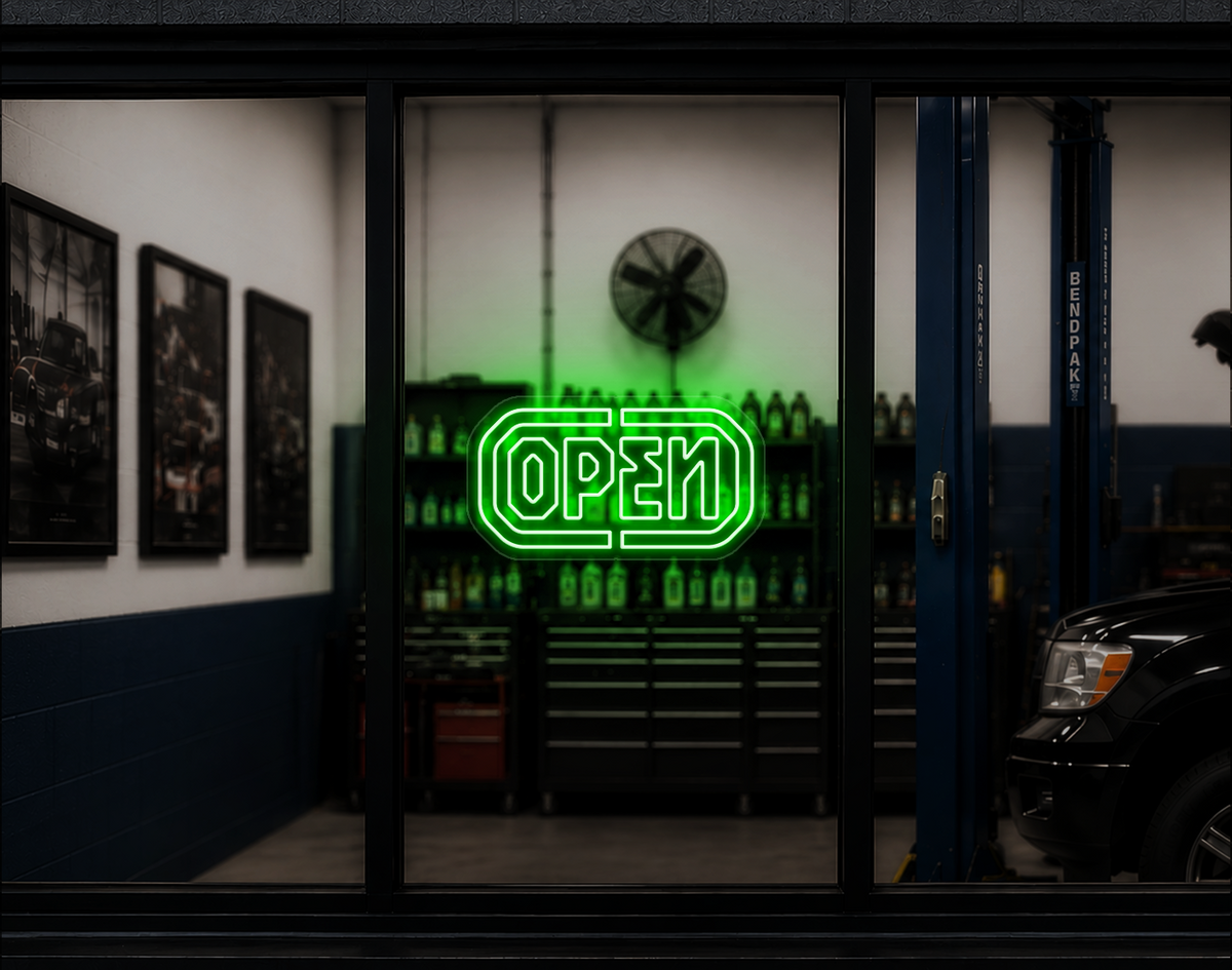Industrial Badge Open LED Neon Sign - Green