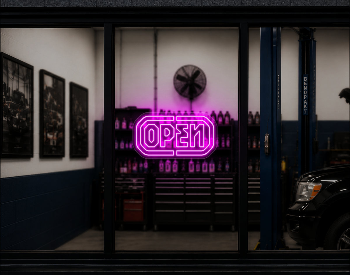 Industrial Badge Open LED Neon Sign - Hot Pink