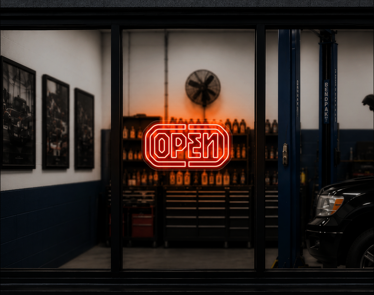 Industrial Badge Open LED Neon Sign - Orange