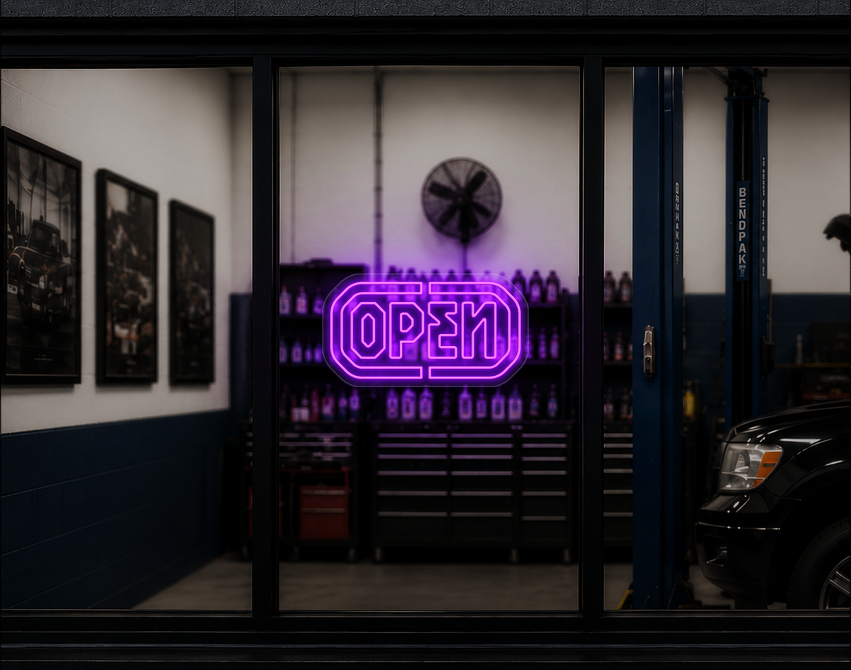 Industrial Badge Open LED Neon Sign - Purple