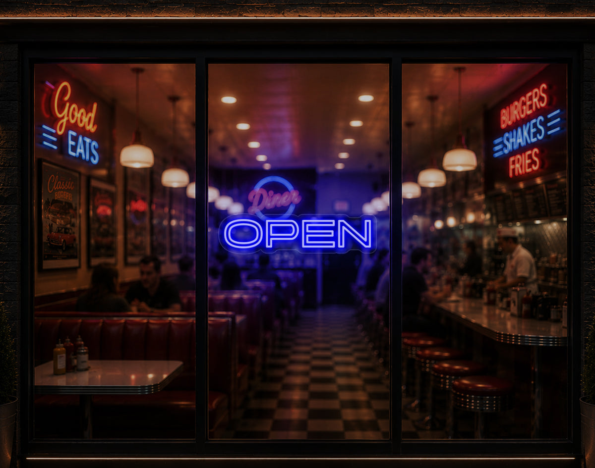 Minimal Sans-Serif Open LED Neon Sign - Dark Blue