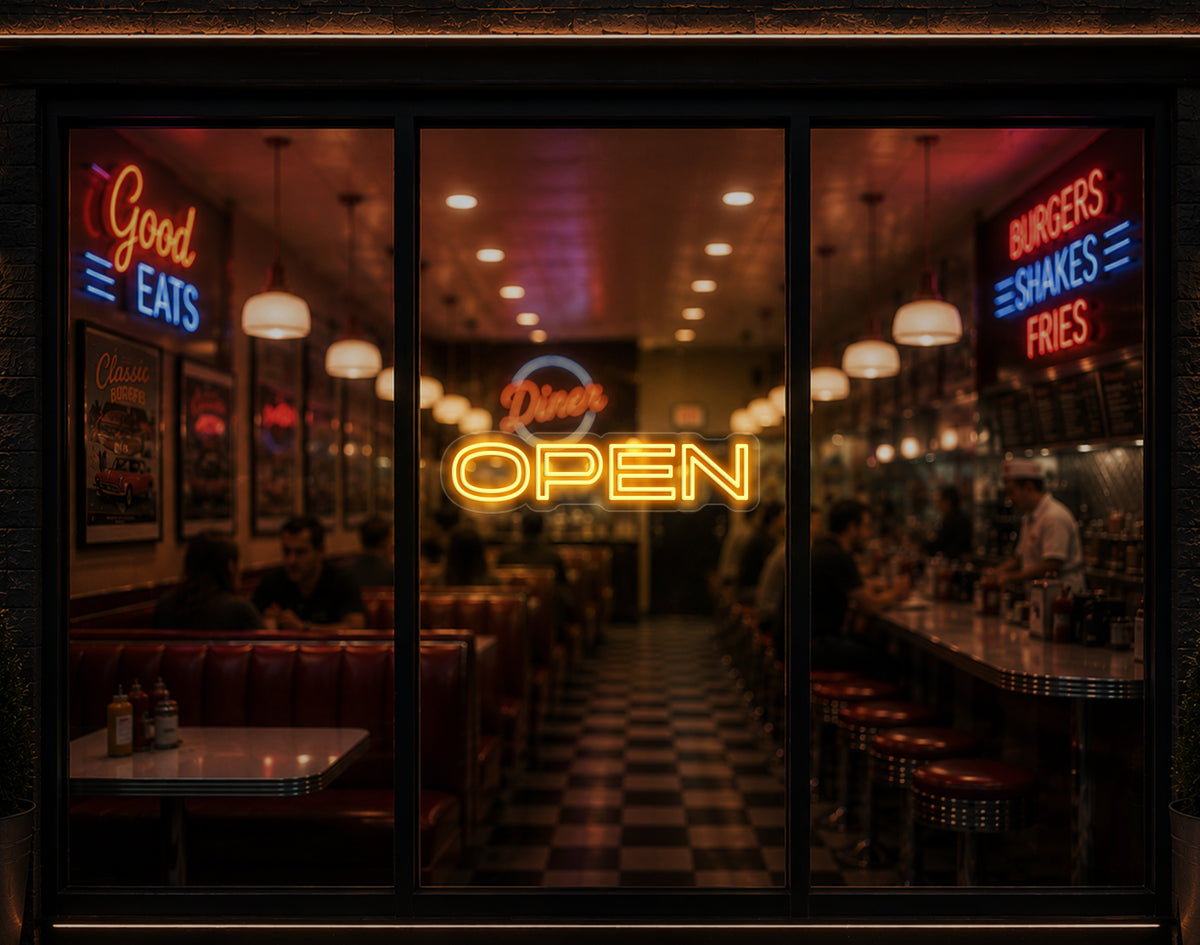 Minimal Sans-Serif Open LED Neon Sign - Sunset Yellow