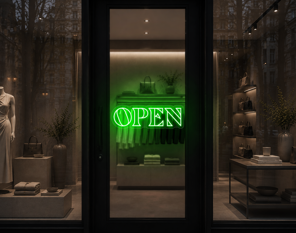 Minimal Wide Serif Open LED Neon Sign - Green