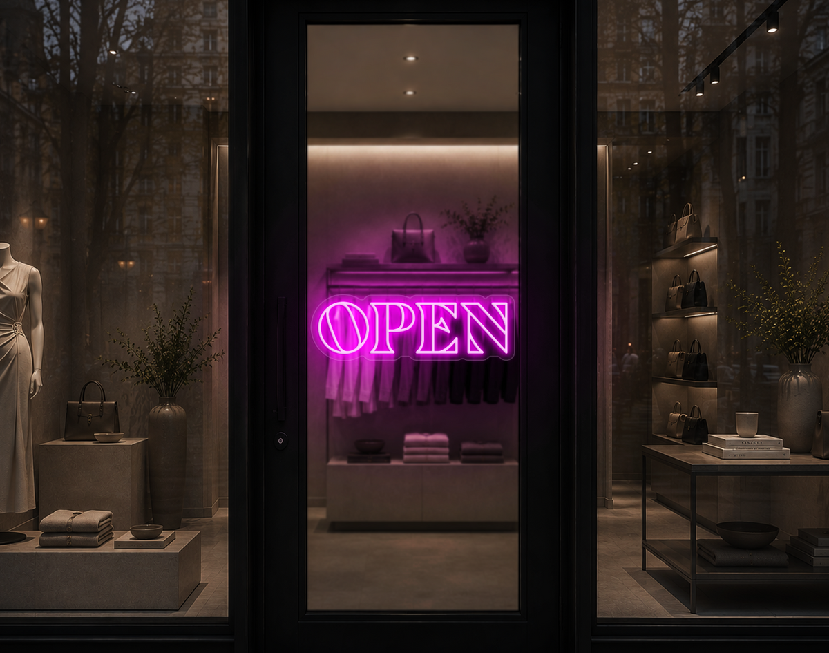 Minimal Wide Serif Open LED Neon Sign - Hot Pink