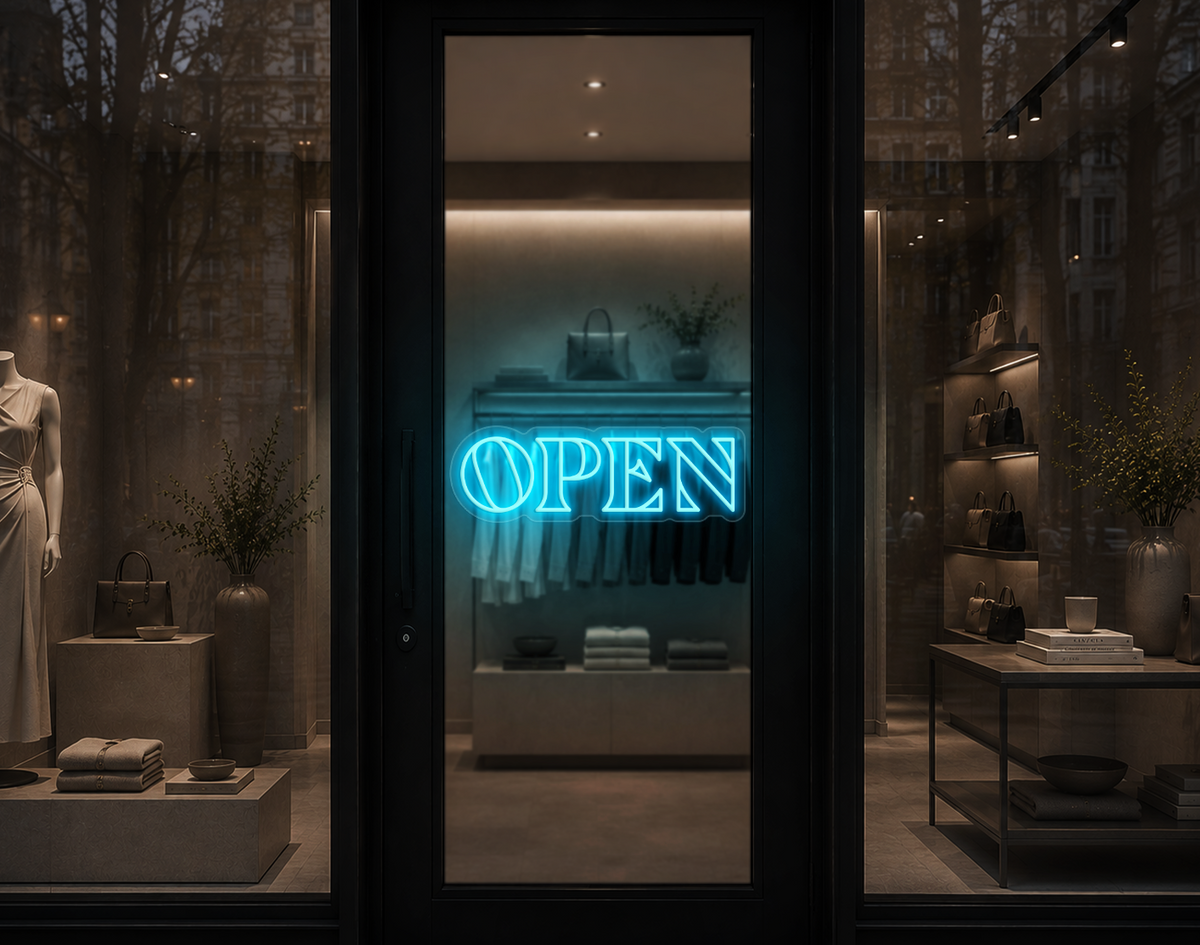Minimal Wide Serif Open LED Neon Sign - Ice Blue