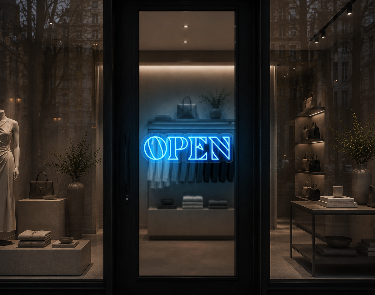 Minimal Wide Serif Open LED Neon Sign - Light Blue