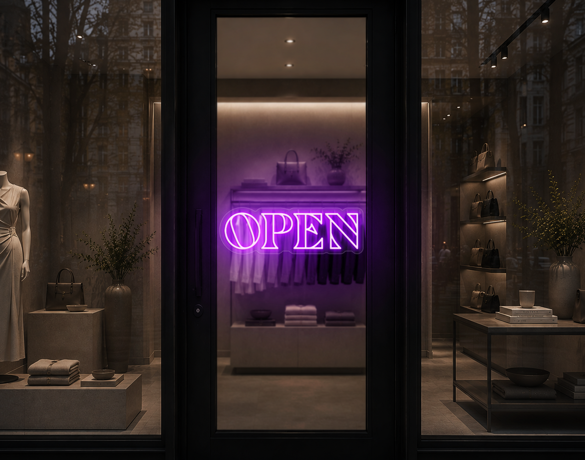 Minimal Wide Serif Open LED Neon Sign - Lilac Purple