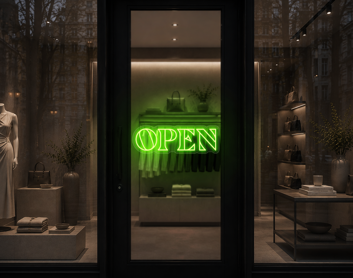 Minimal Wide Serif Open LED Neon Sign - Lime