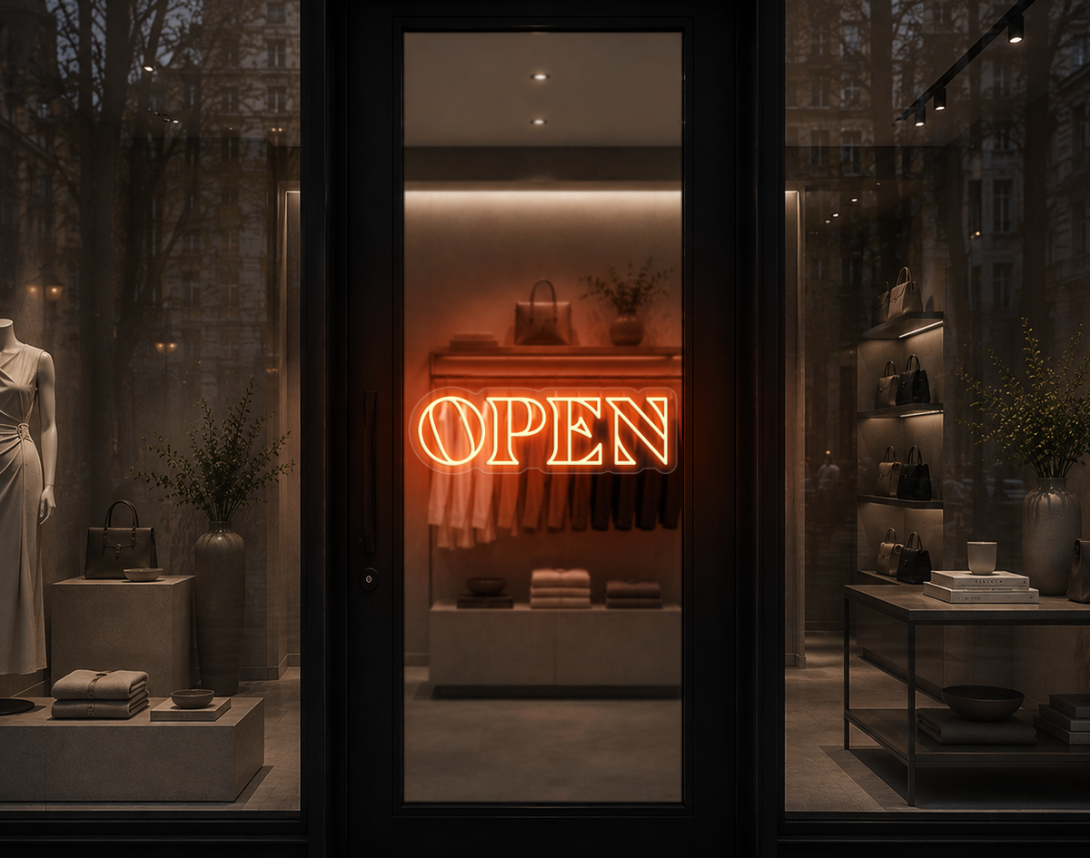 Minimal Wide Serif Open LED Neon Sign - Peach Orange