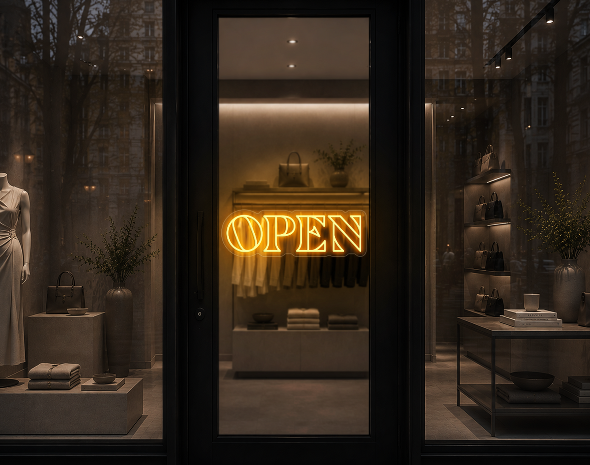 Minimal Wide Serif Open LED Neon Sign - Sunset Yellow