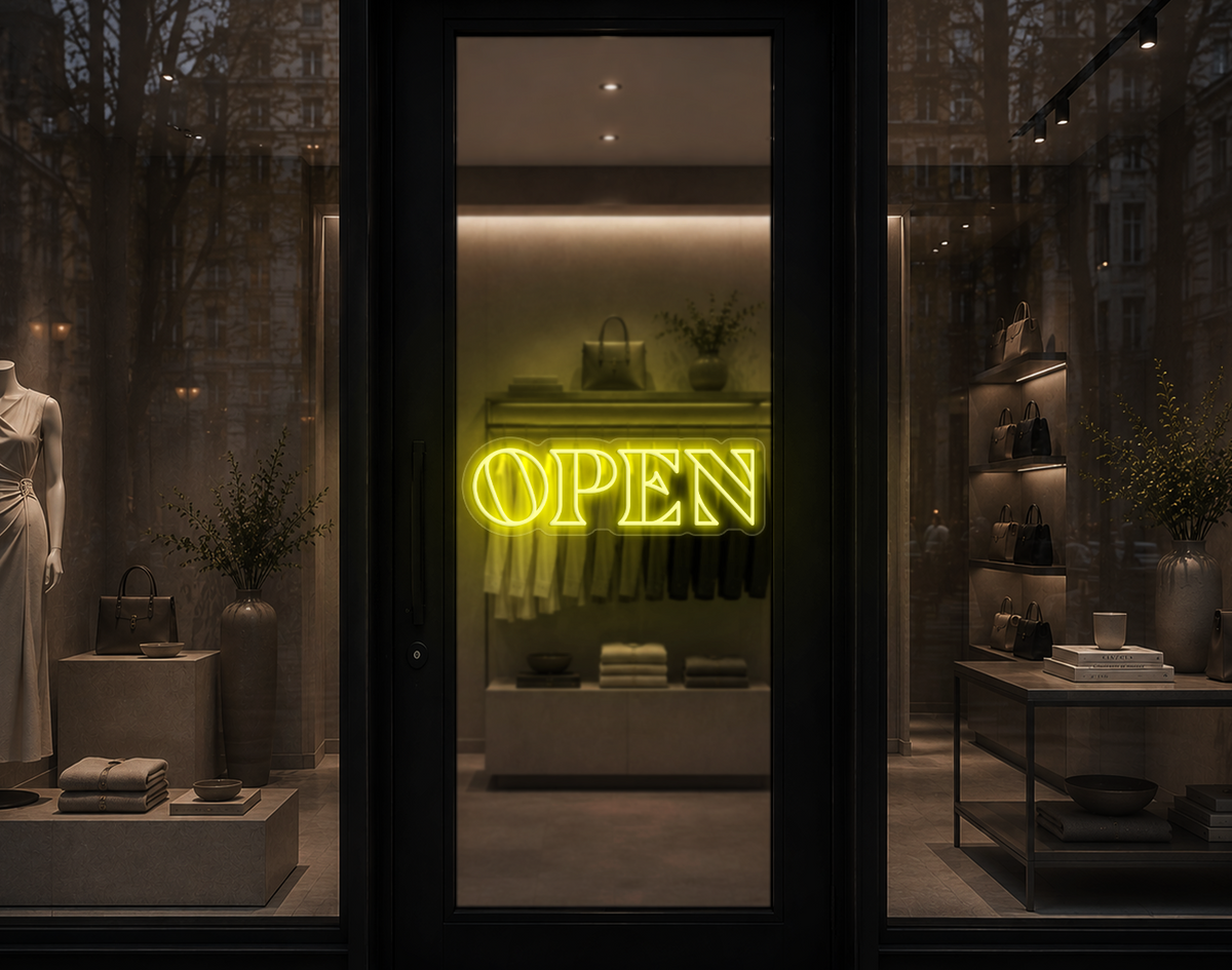 Minimal Wide Serif Open LED Neon Sign - Yellow