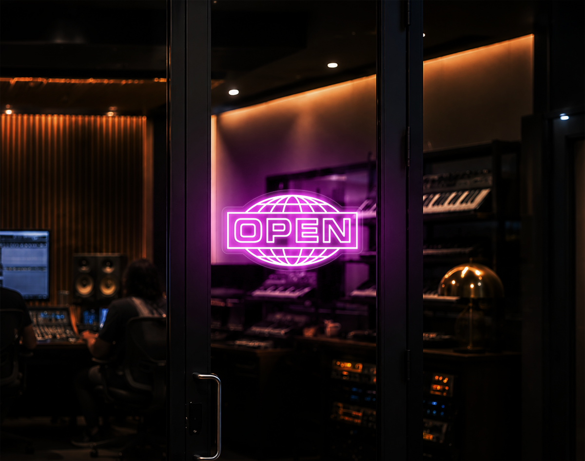 Modern Globe Badge Open LED Neon Sign - Bubblegum Pink