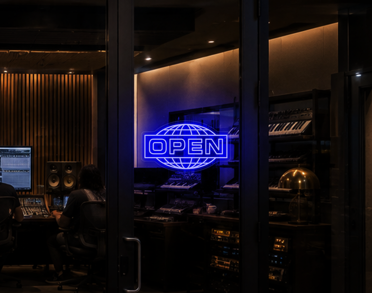 Modern Globe Badge Open LED Neon Sign - Dark Blue