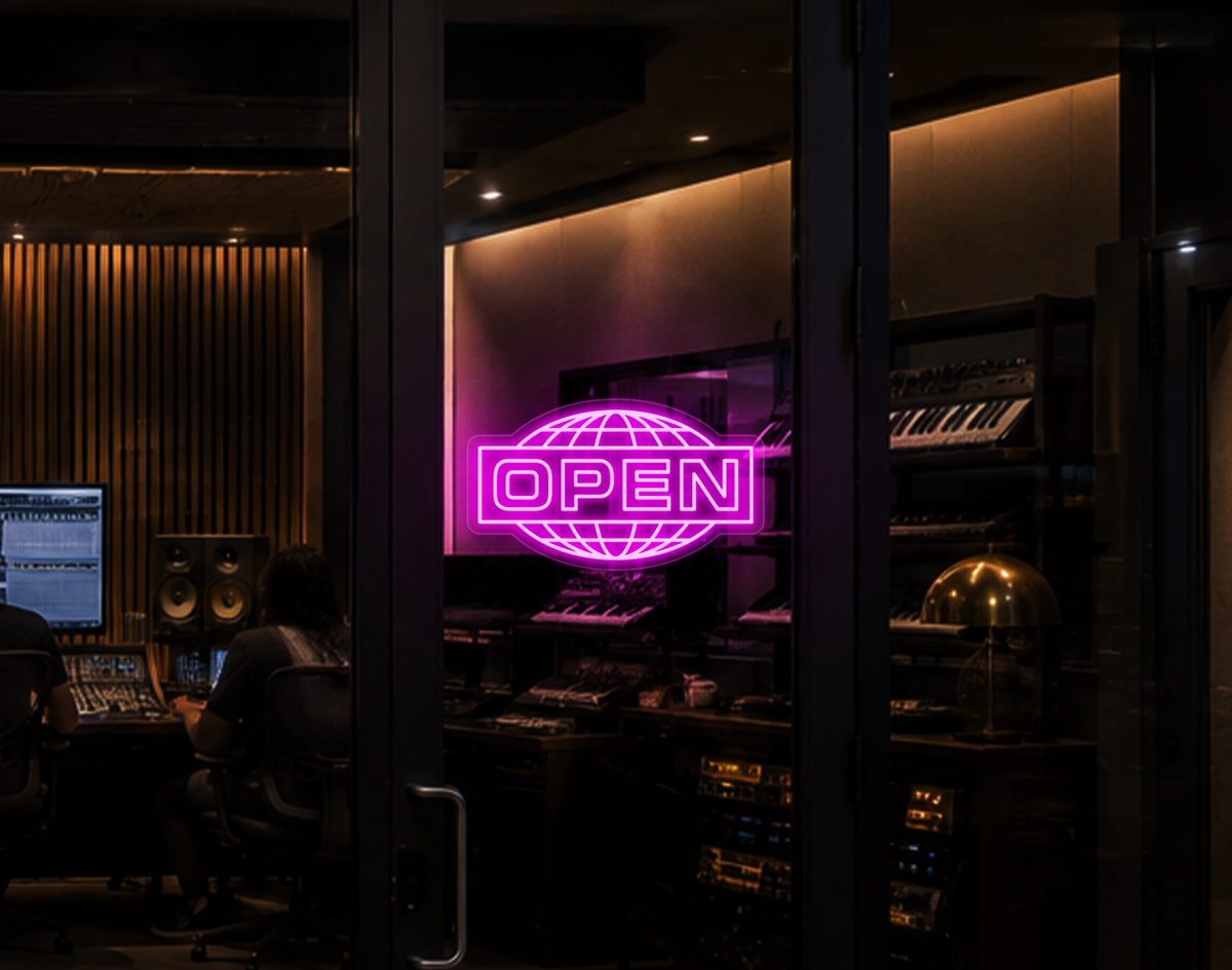 Modern Globe Badge Open LED Neon Sign - Hot Pink