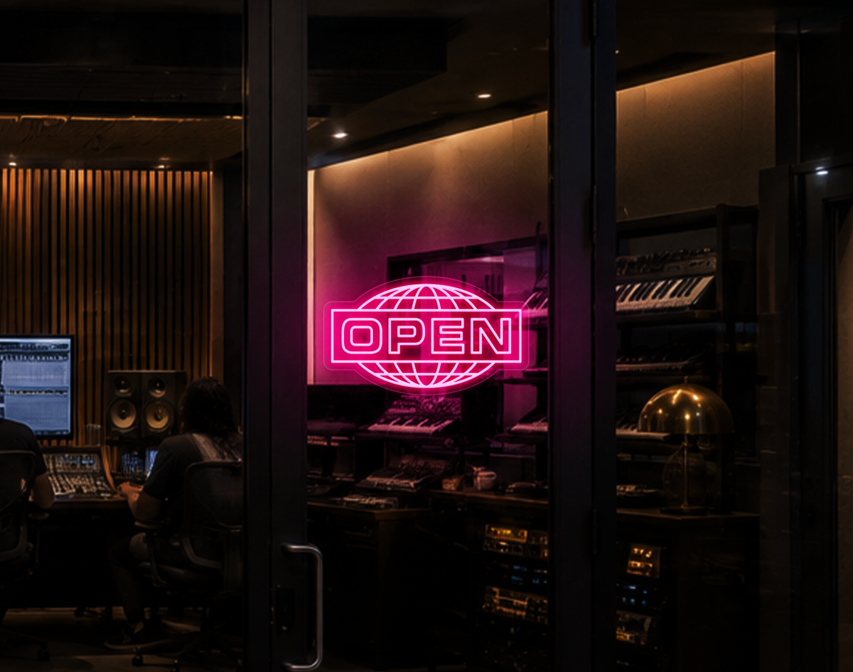 Modern Globe Badge Open LED Neon Sign - Light Pink