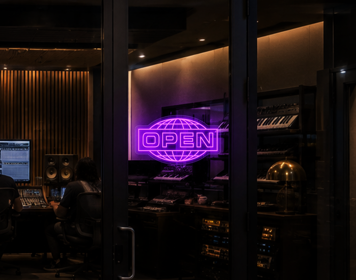 Modern Globe Badge Open LED Neon Sign - Purple