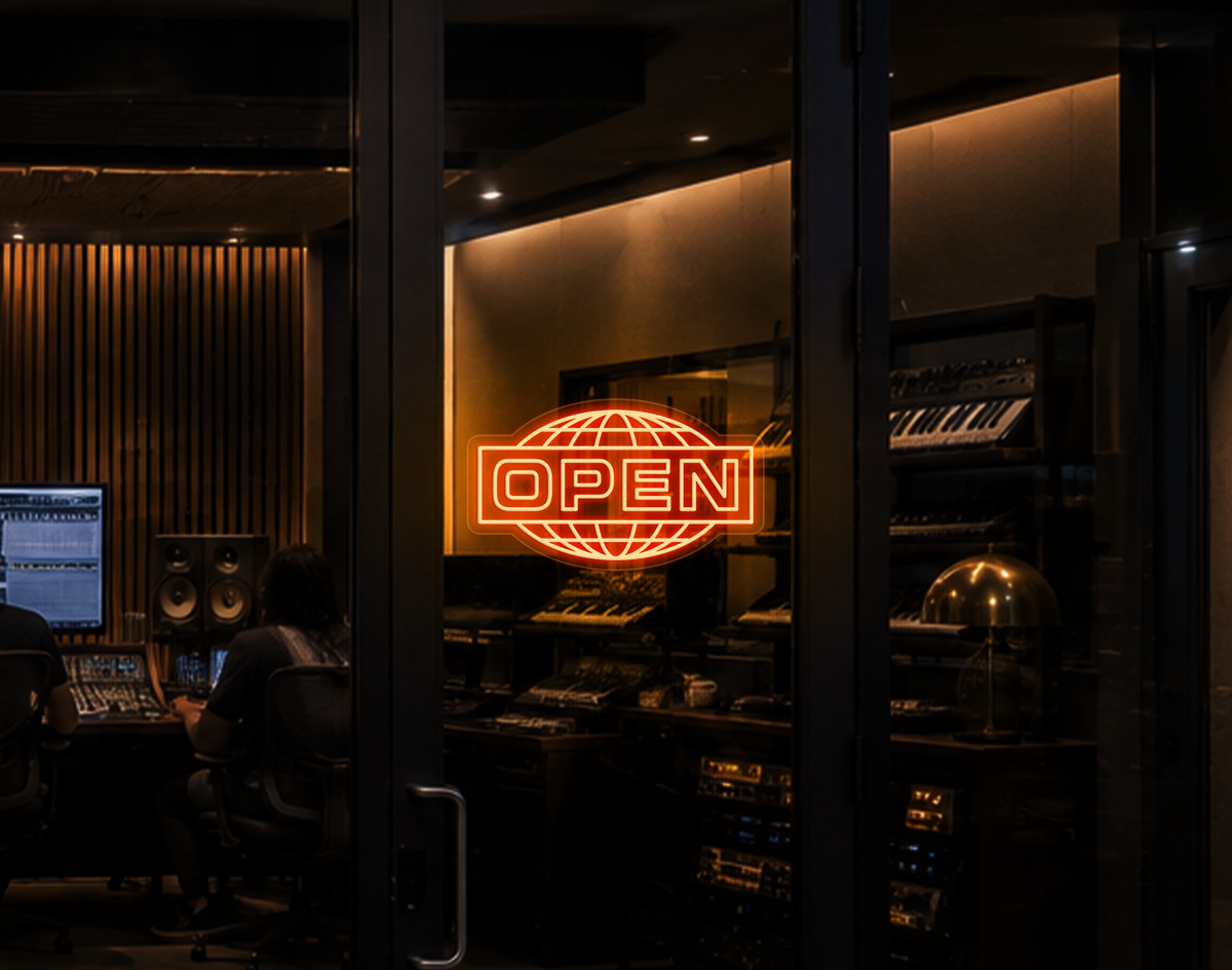Modern Globe Badge Open LED Neon Sign - Sunset Orange