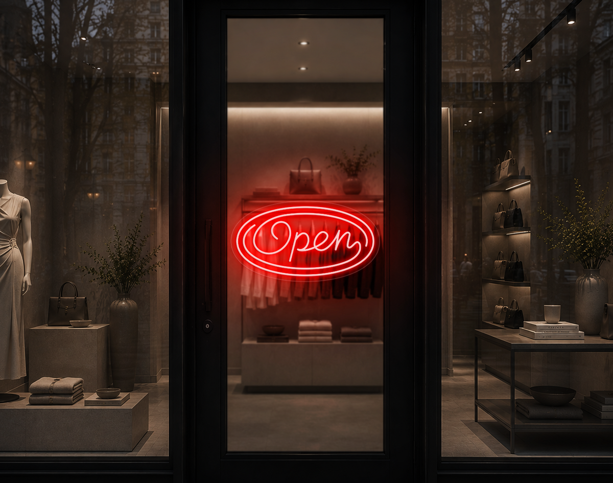 Monoline Script Badge Open LED Neon Sign - Coral Orange