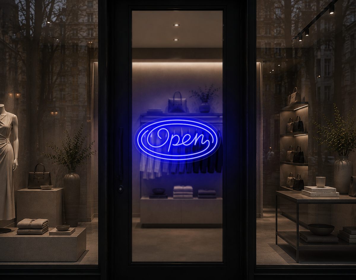 Monoline Script Badge Open LED Neon Sign - Dark Blue