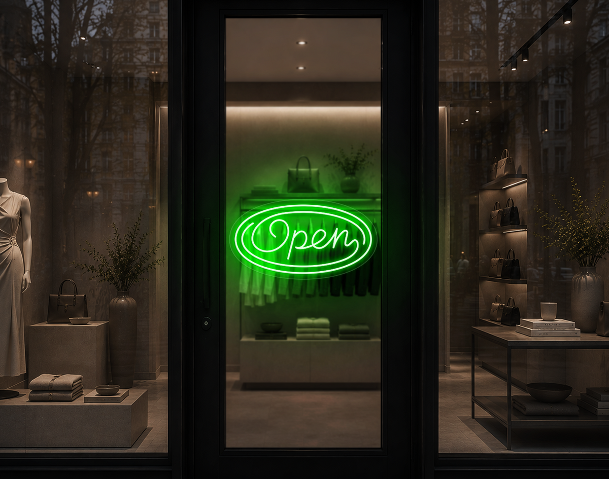Monoline Script Badge Open LED Neon Sign - Green