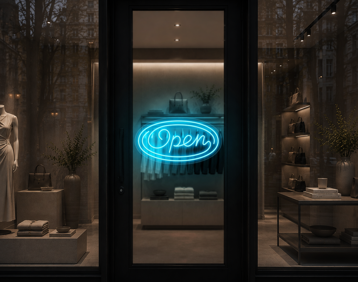 Monoline Script Badge Open LED Neon Sign - Ice Blue