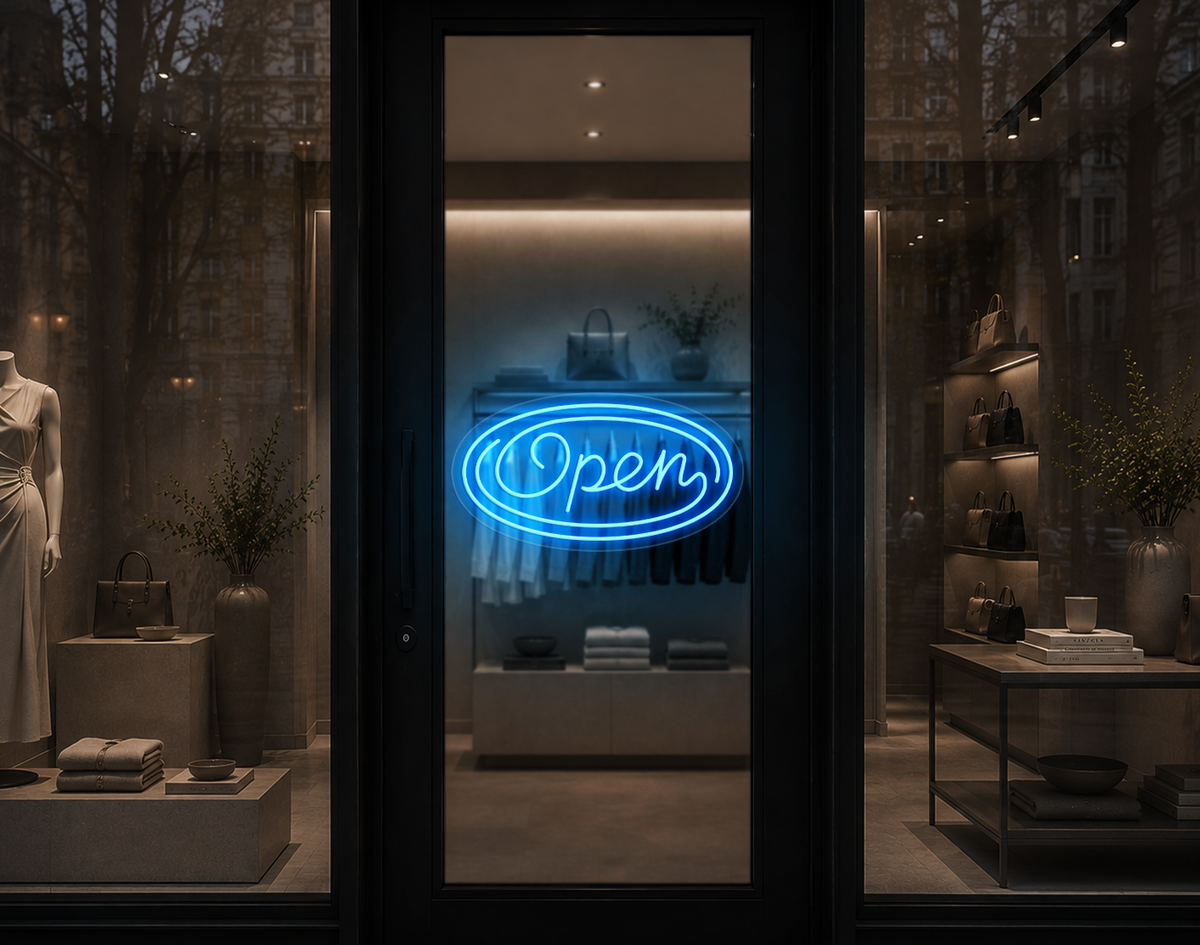 Monoline Script Badge Open LED Neon Sign - Light Blue