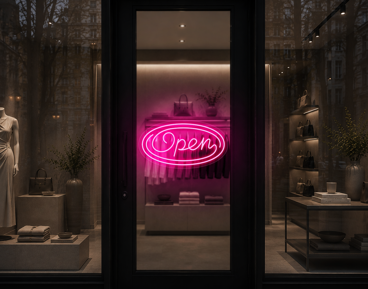 Monoline Script Badge Open LED Neon Sign - Light Pink