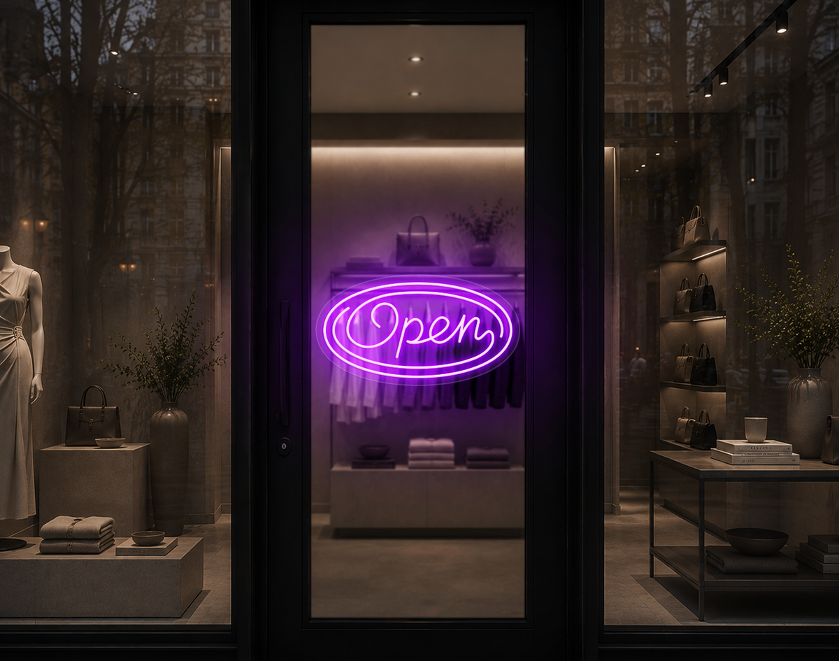 Monoline Script Badge Open LED Neon Sign - Lilac Purple