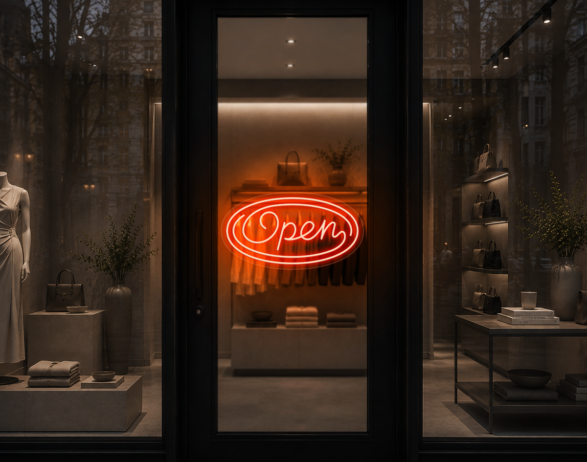 Monoline Script Badge Open LED Neon Sign - Orange