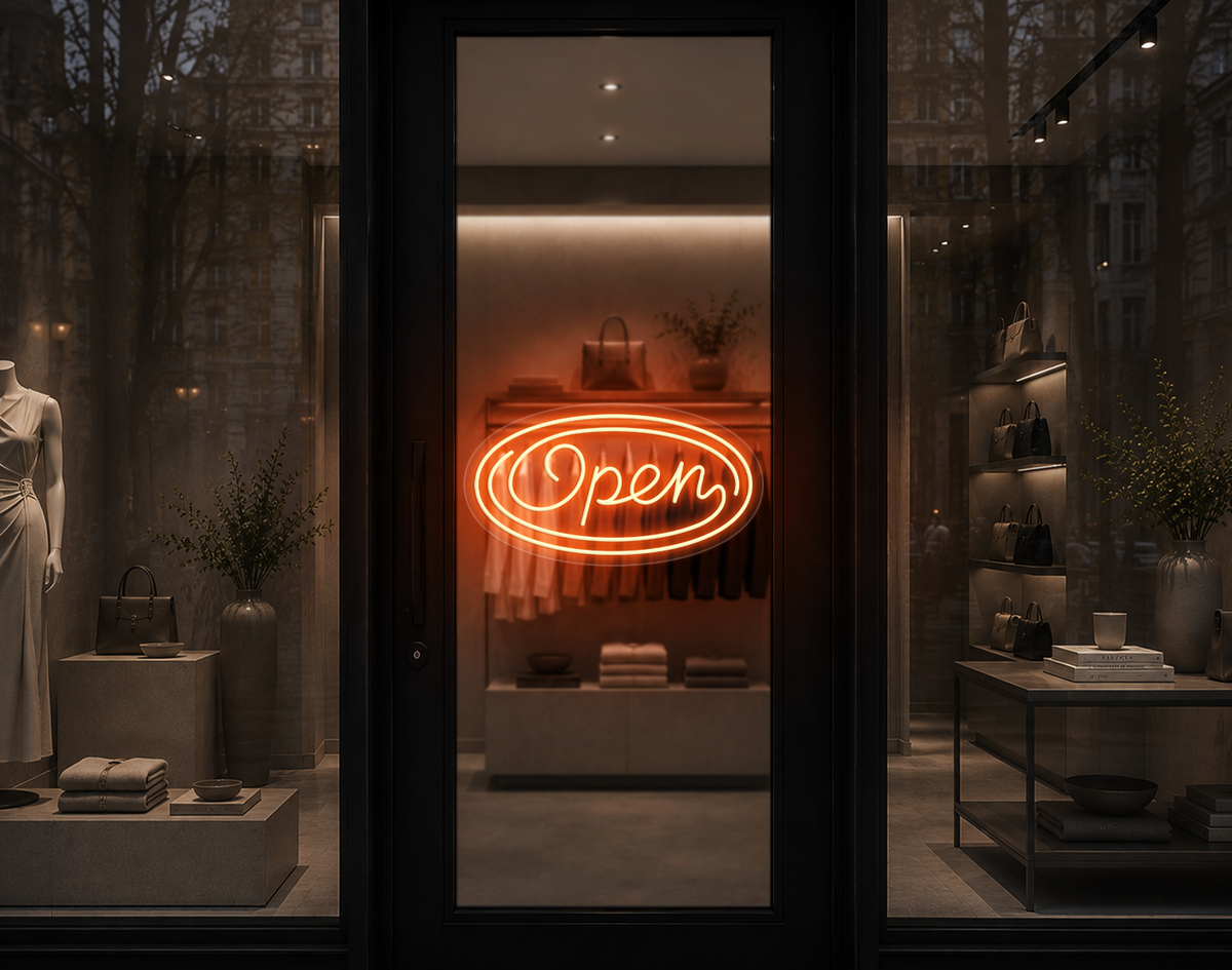 Monoline Script Badge Open LED Neon Sign - Peach Orange