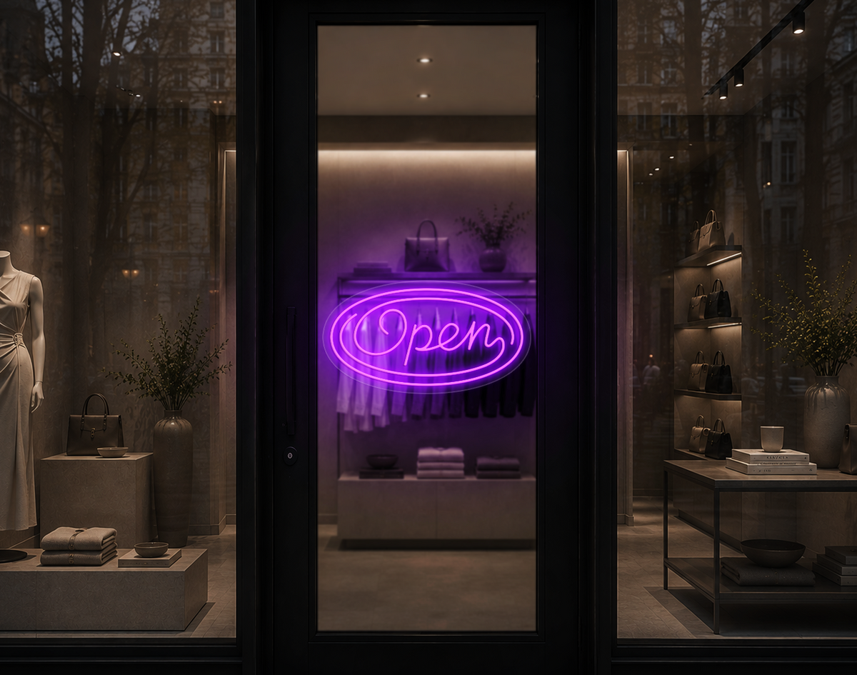 Monoline Script Badge Open LED Neon Sign - Purple