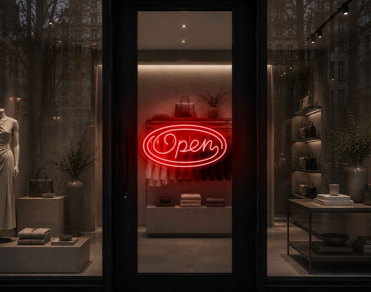 Monoline Script Badge Open LED Neon Sign - Red