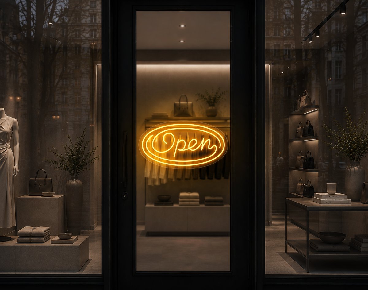 Monoline Script Badge Open LED Neon Sign - Sunset Yellow