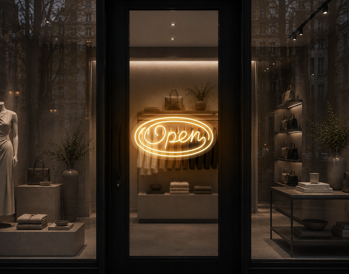 Monoline Script Badge Open LED Neon Sign - Warm White
