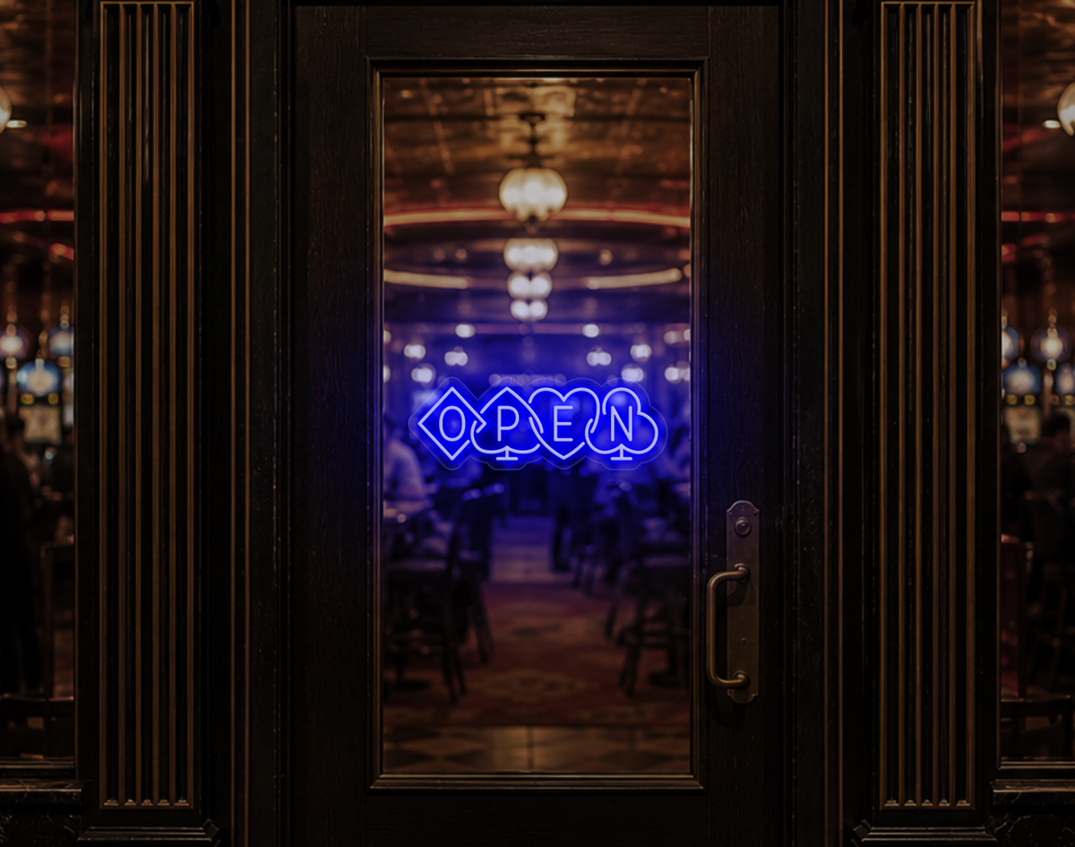 Poker Suites Lock Up Open LED Neon Sign - Dark Blue