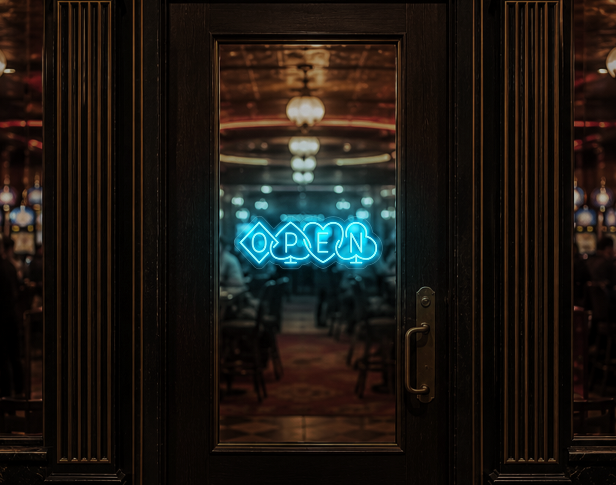 Poker Suites Lock Up Open LED Neon Sign - Ice Blue