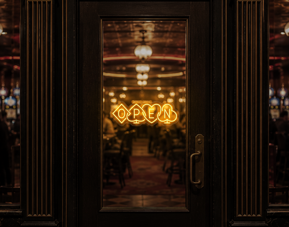Poker Suites Lock Up Open LED Neon Sign - Sunset Yellow