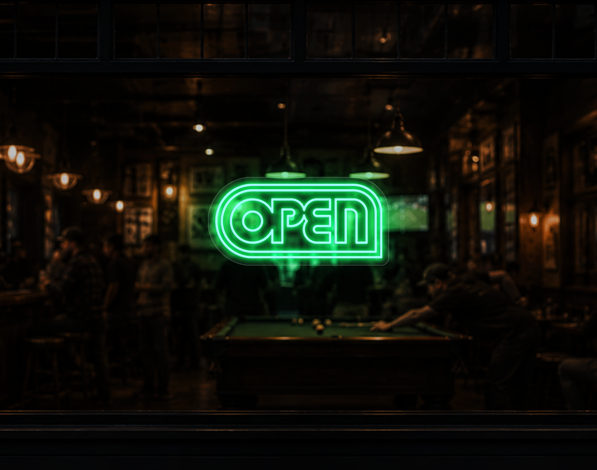 Retro Badge V1 Open LED Neon Sign - Mint Green