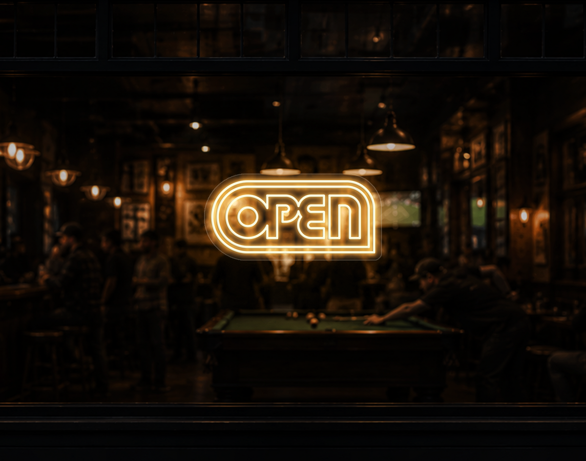 Retro Badge V1 Open LED Neon Sign - Warm White